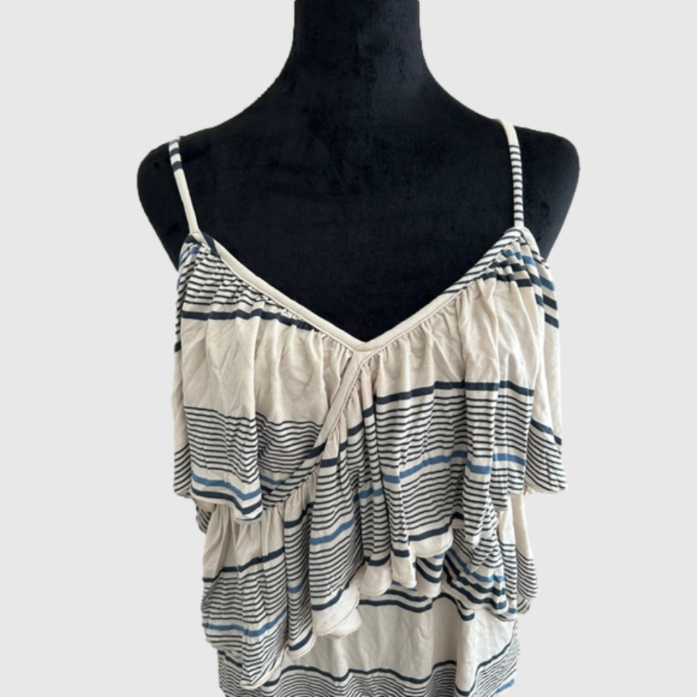 Chaser Ruffle Stripe V Neck Tank Top Medium Cream Blue - Picture 2 of 8